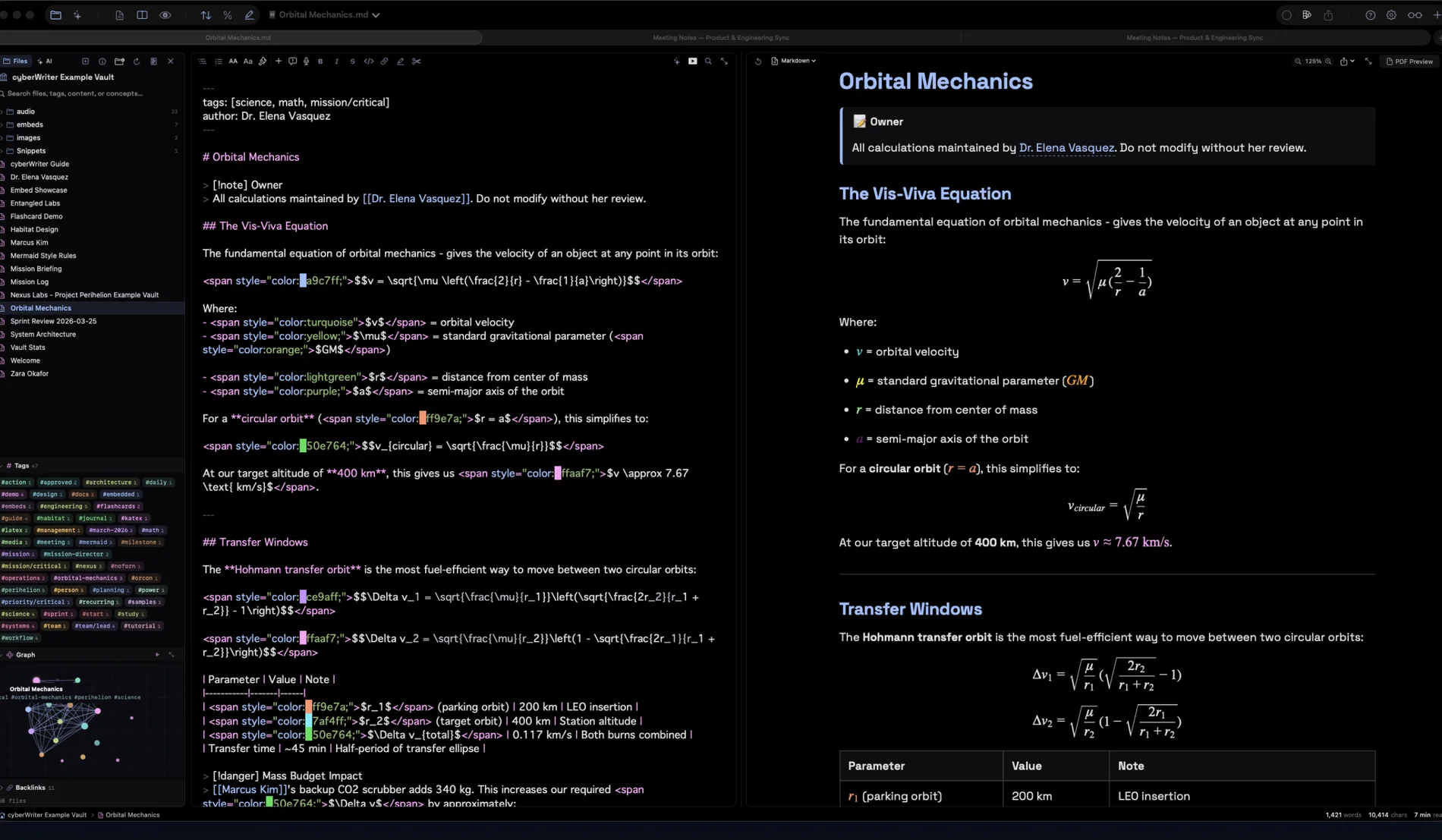 Split view: syntax coloured Markdown source on the left, typeset KaTeX equations and tables rendered on the right