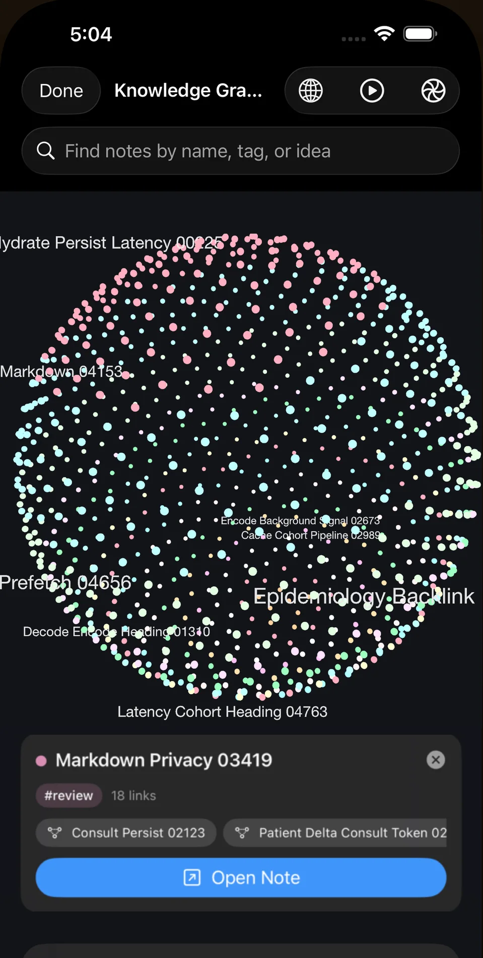 The knowledge graph on iPhone over a 5,003 note vault, with a selected note showing its tag and link count