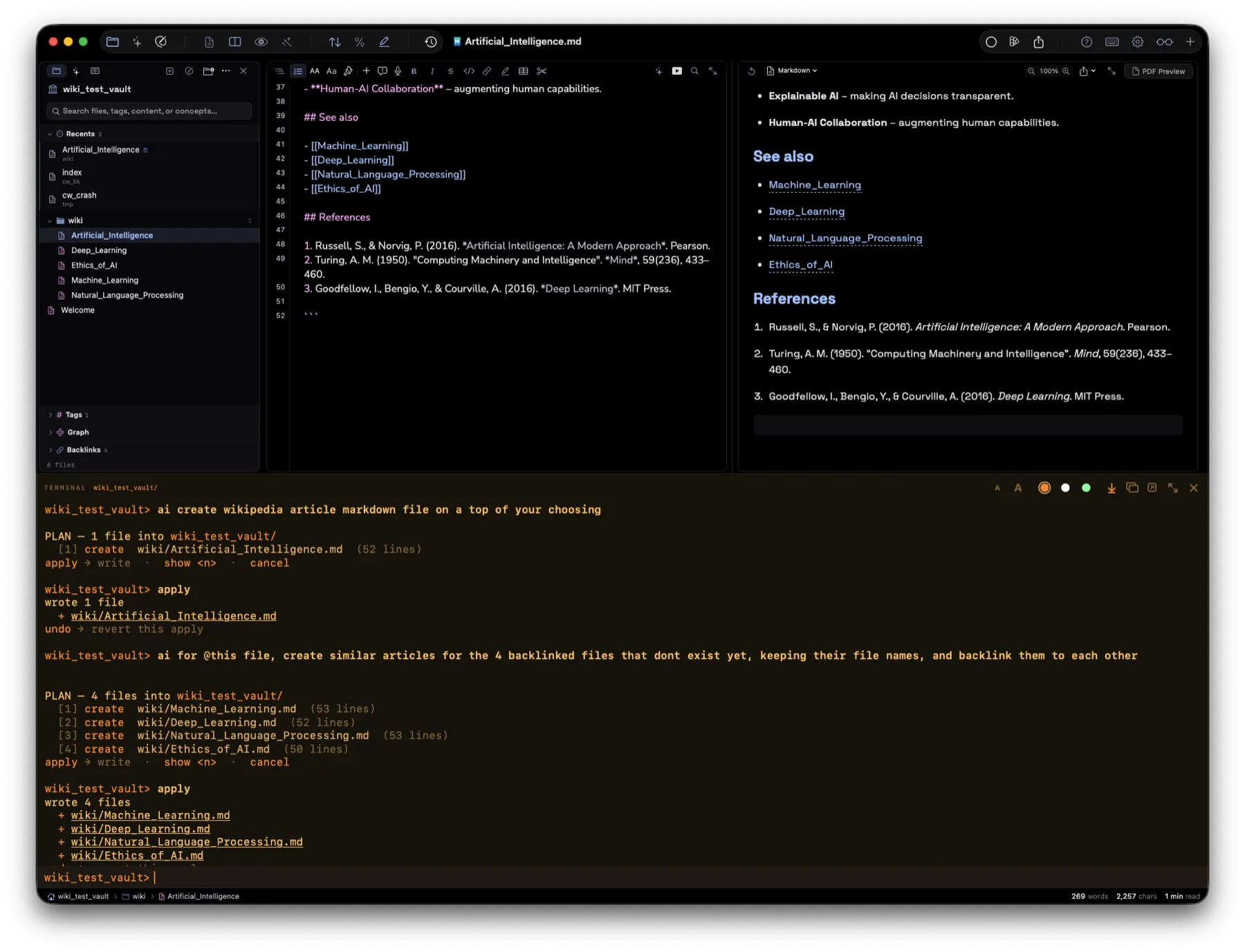 The GLOW terminal running ai create: a plan listing four new wiki files, then apply writing them, each wikilinked to the others